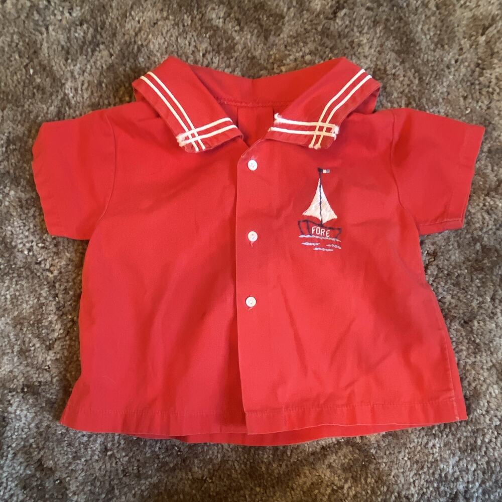 VTG Kids Red/White Nautical Sailor Collar Short Sleeve Button Shirt Top 18M-2T